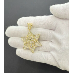 Star Of David Hamsa Pendant 925 Sterling Silver Gold Plated Iced CZ Charm 1.8 in